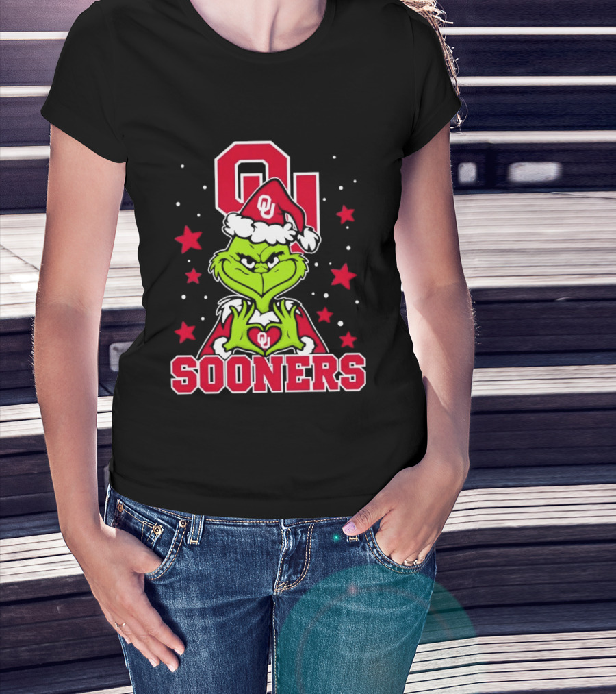 Oklahoma Sooners Grinch Christmas Heart Hands OU Santa Hat T-Shirt