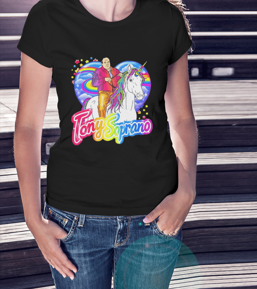 Tony Soprano Riding Rainbow Unicorn With Heart And Stars T-Shirt