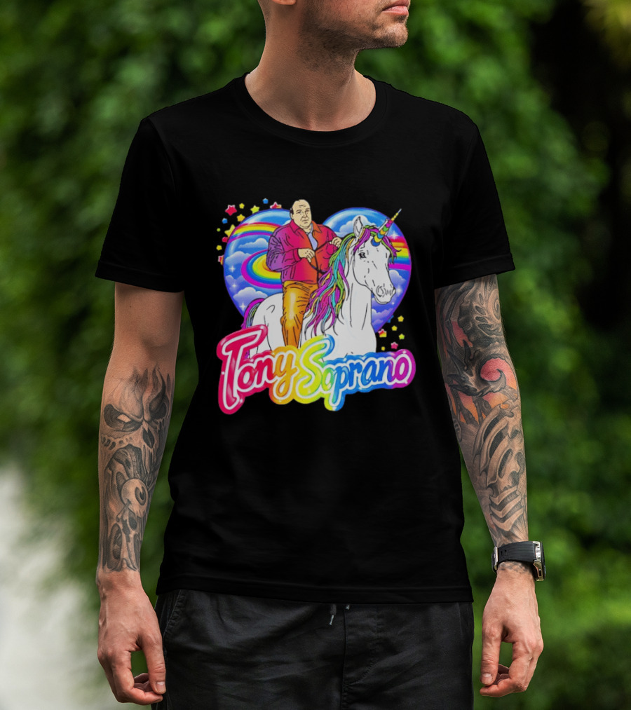 Tony Soprano Riding Rainbow Unicorn With Heart And Stars T-Shirt
