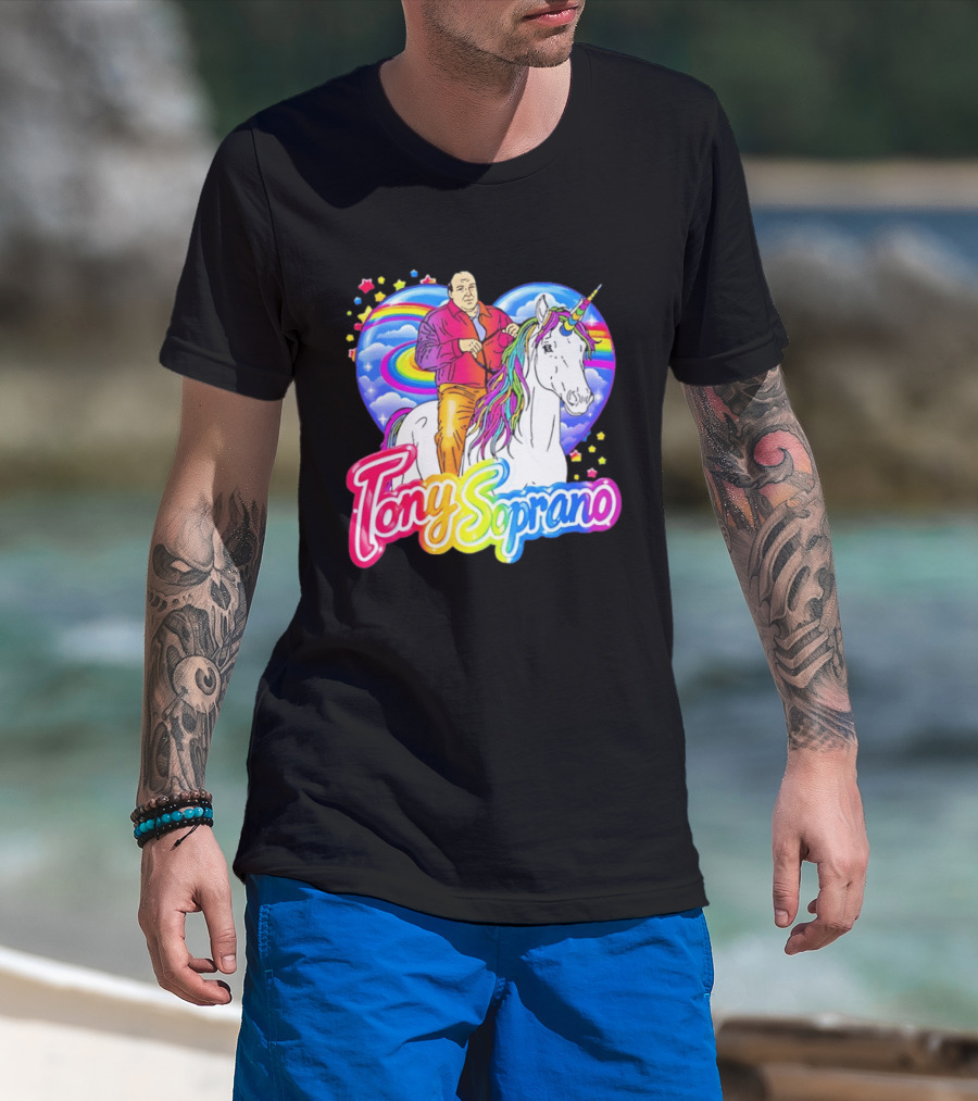 Tony Soprano Riding Rainbow Unicorn With Heart And Stars T-Shirt