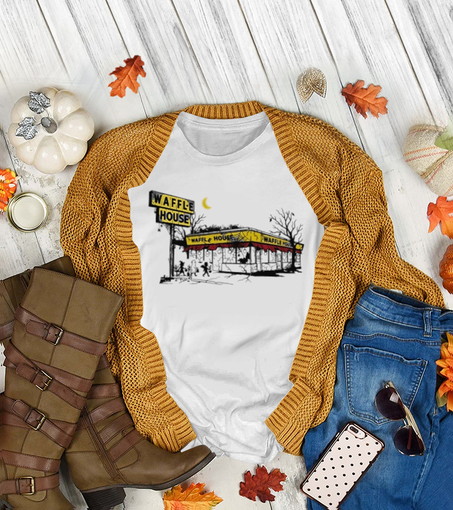 Haunted Waffle House Halloween 2026 Spooky Night Scene With Moon And Trees T-Shirt