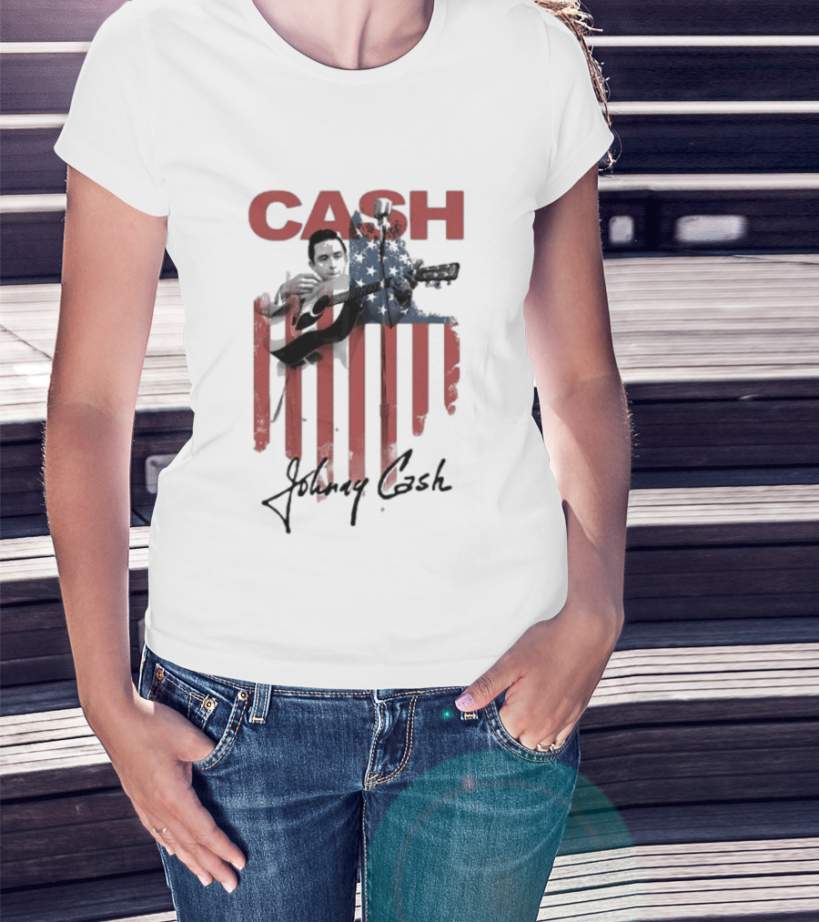 Johnny Cash American Flag Red Guitar Microphone T-Shirt