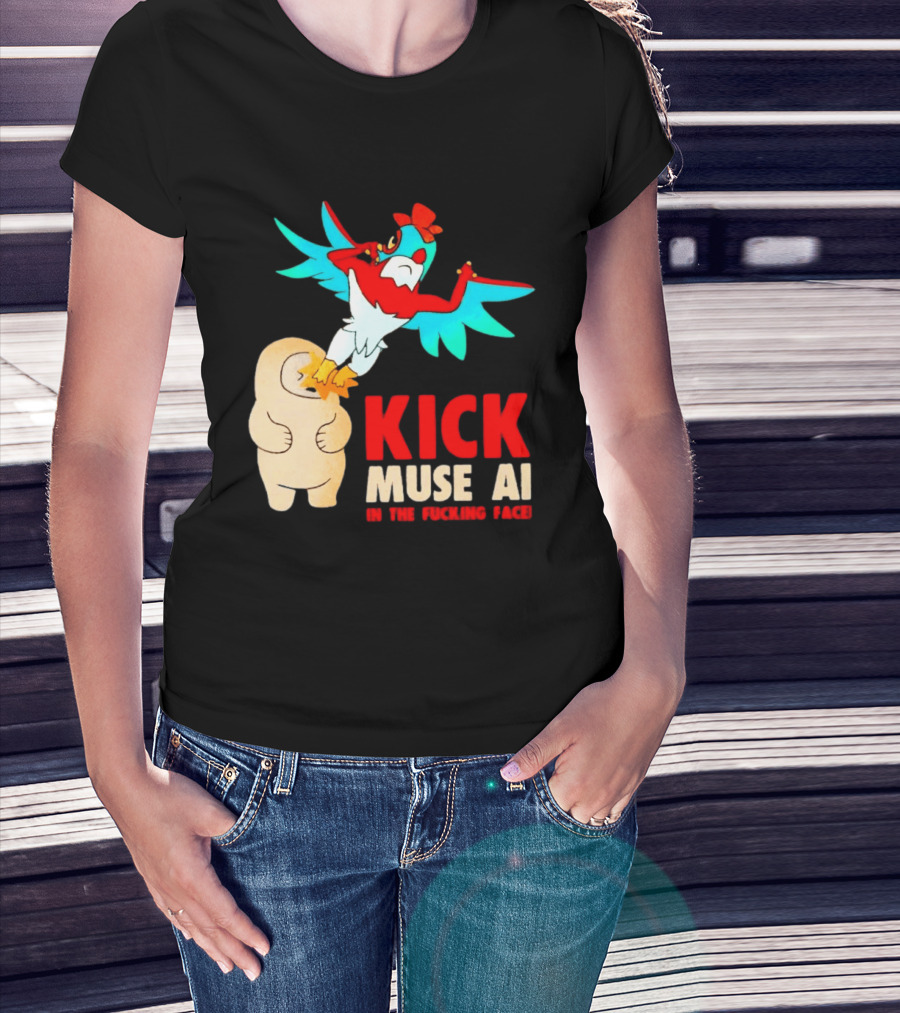 Kick Muse AI In The Face Protest Cartoon Bird Kicking T-Shirt