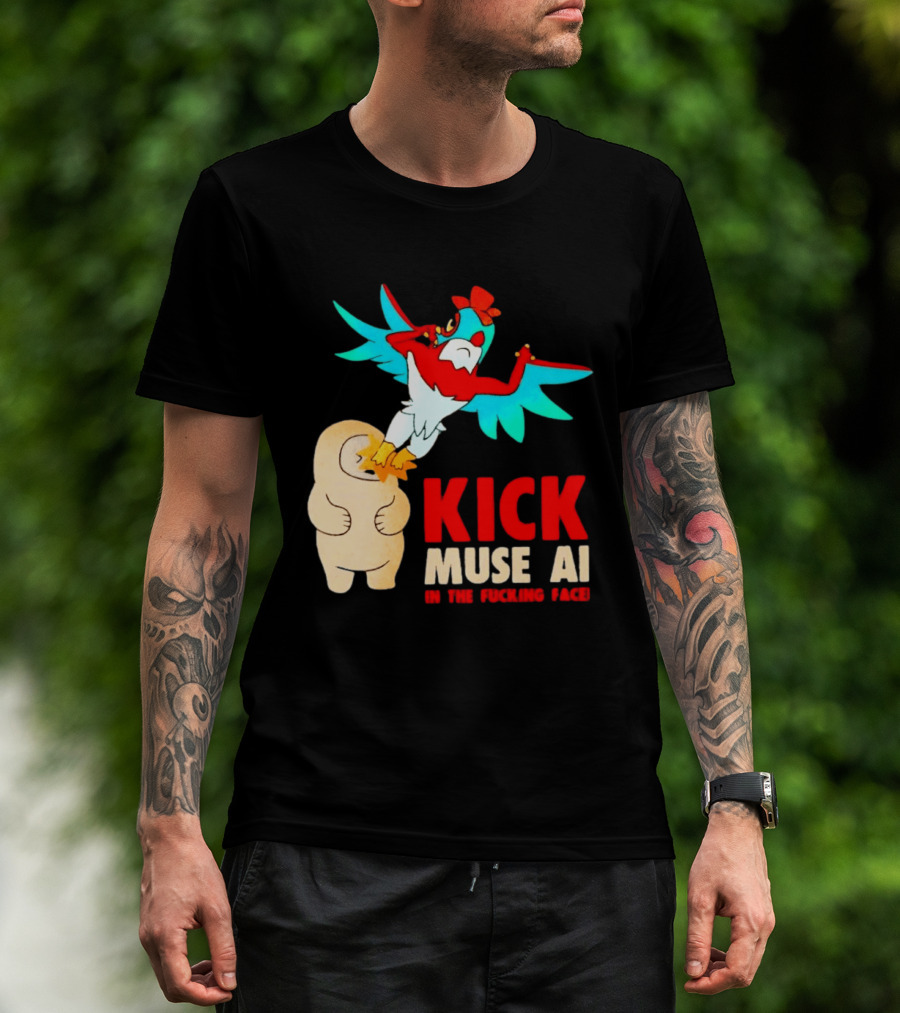 Kick Muse AI In The Face Protest Cartoon Bird Kicking T-Shirt