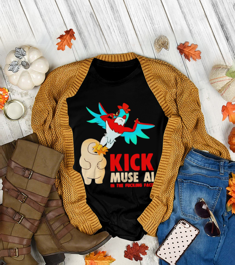 Kick Muse AI In The Face Protest Cartoon Bird Kicking T-Shirt