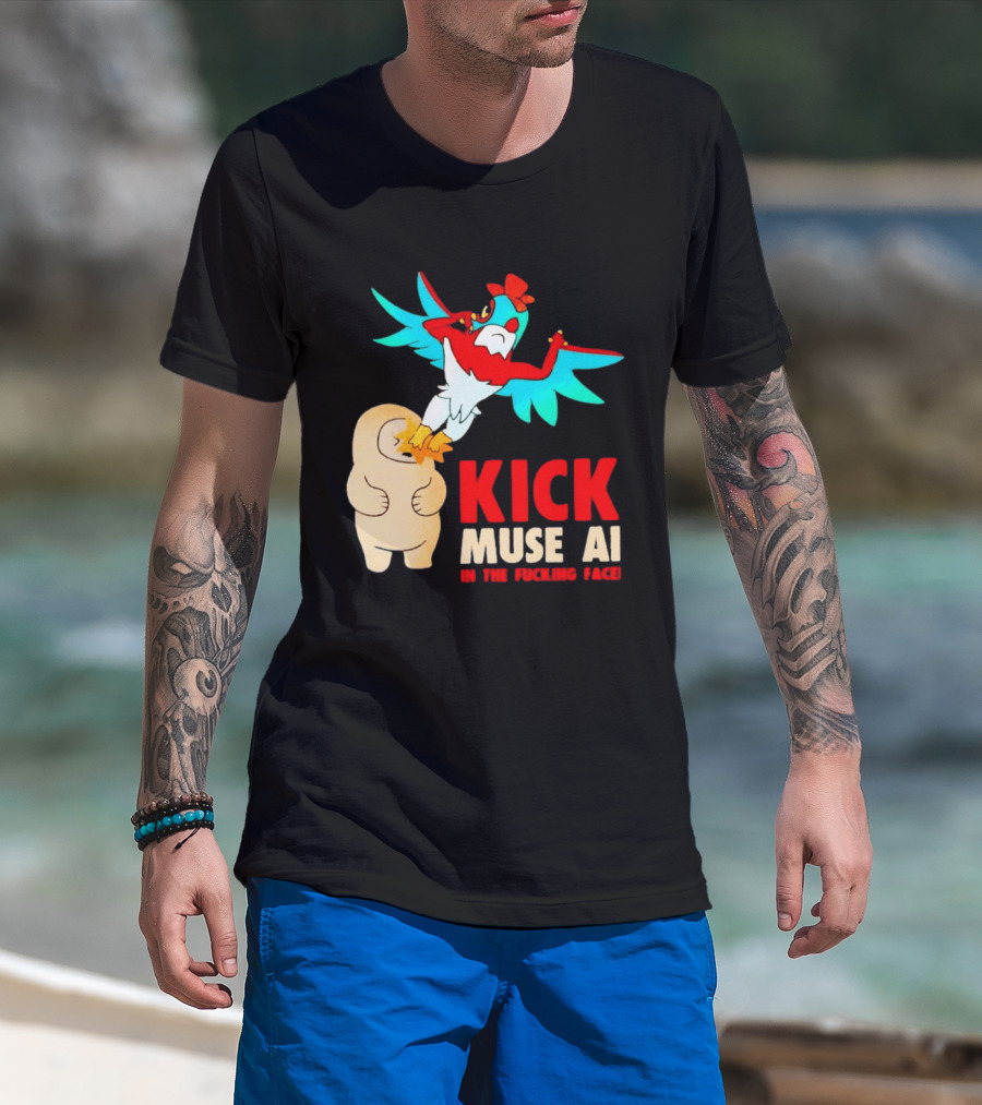 Kick Muse AI In The Face Protest Cartoon Bird Kicking T-Shirt