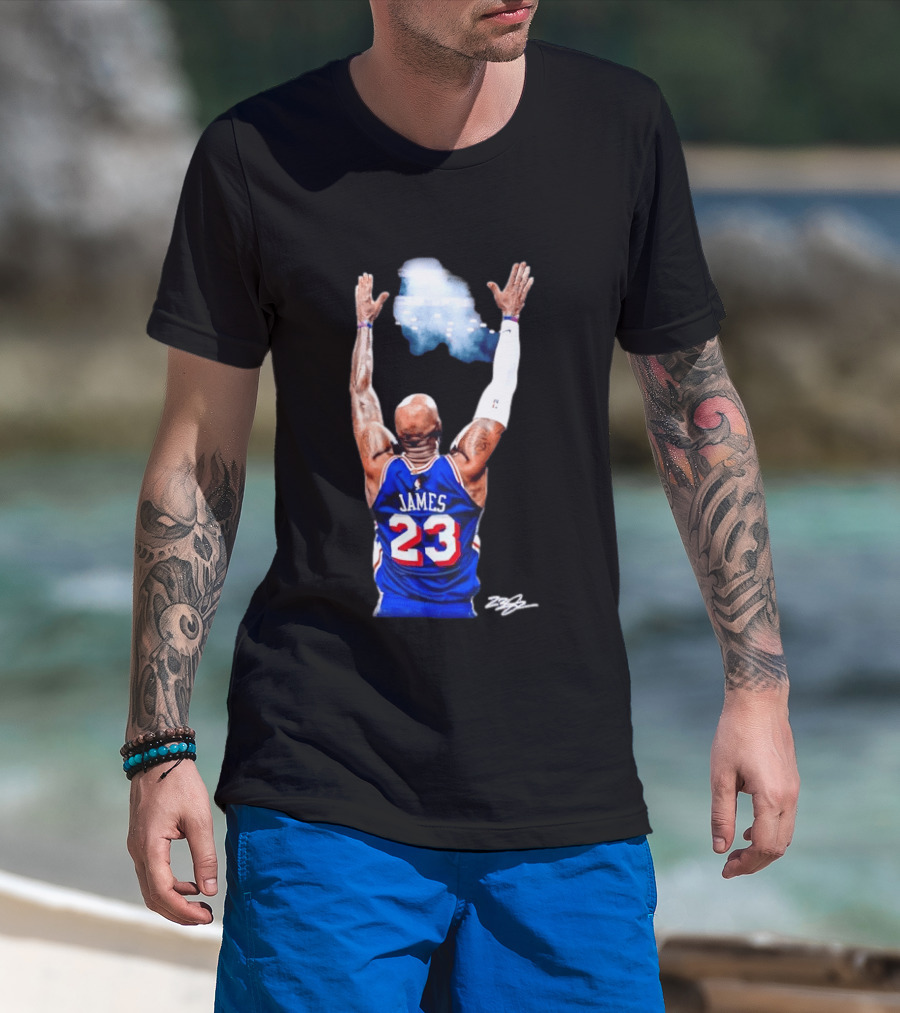King LeBron James Philadelphia 76ers Jersey Number 23 Celebration T-Shirt