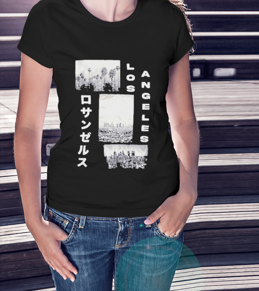 Los Angeles Cityscape With Japanese Text Satin Patch T-Shirt