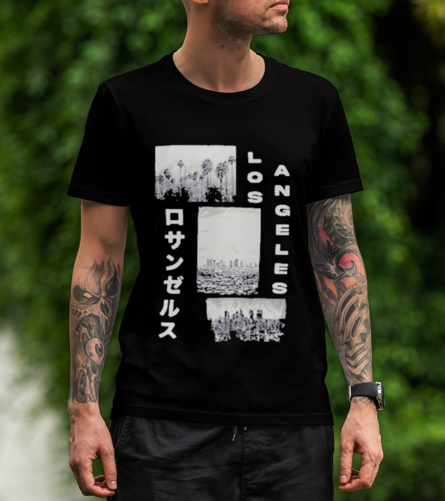 Los Angeles Cityscape With Japanese Text Satin Patch T-Shirt