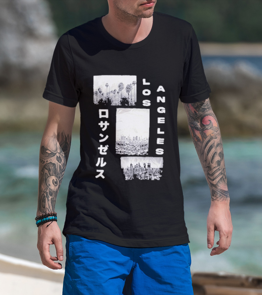 Los Angeles Cityscape With Japanese Text Satin Patch T-Shirt