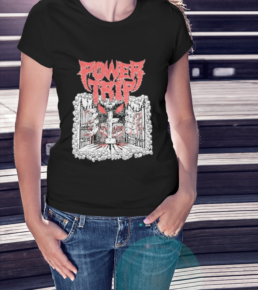 Power Trip Demon Gate Skeleton Cross Red Eyes T-Shirt