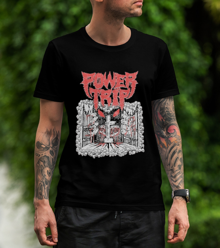 Power Trip Demon Gate Skeleton Cross Red Eyes T-Shirt