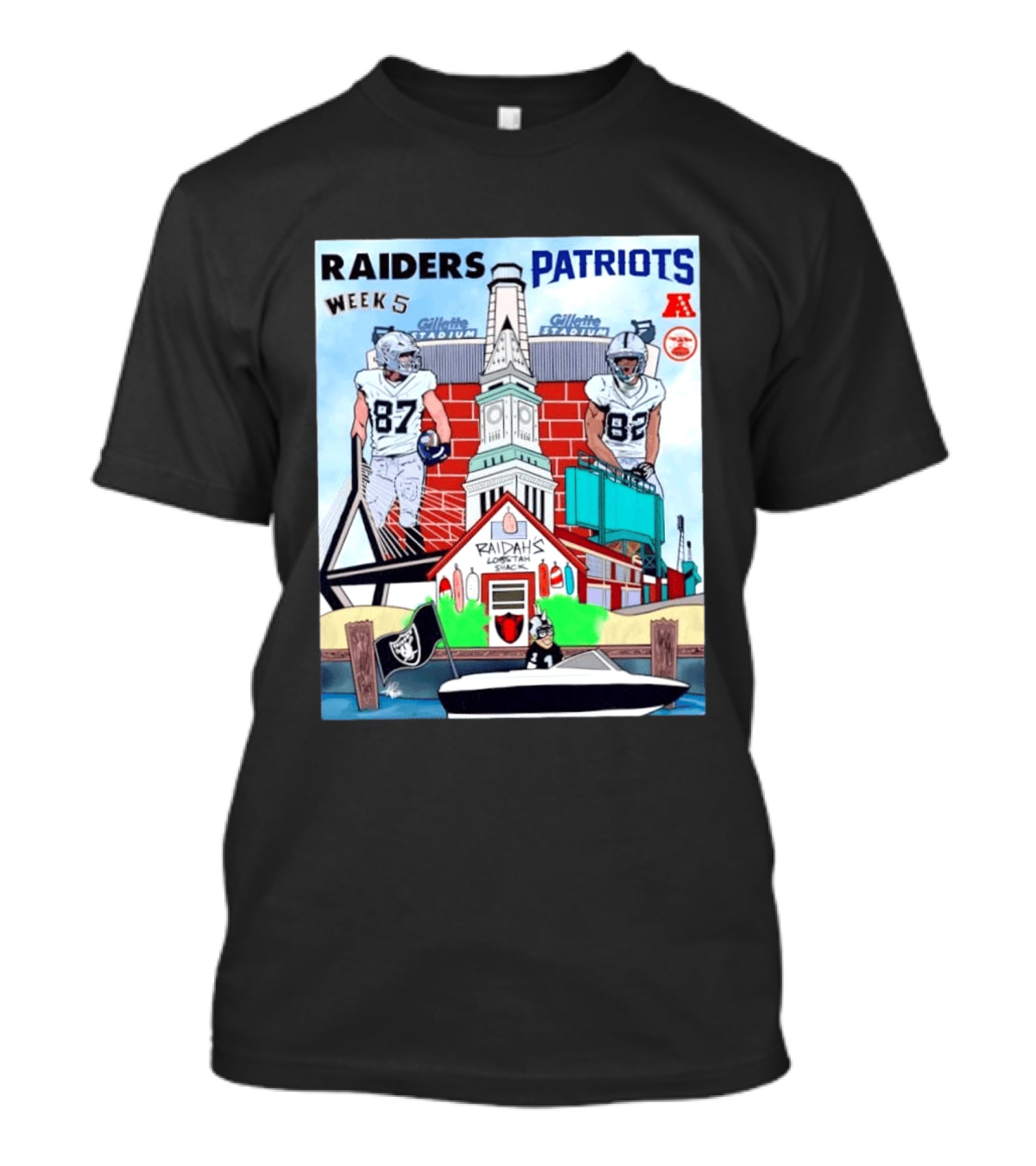Raiders Patriots Week 5 Gillette Stadium Raidah's Lobstah Shack Football T-Shirt