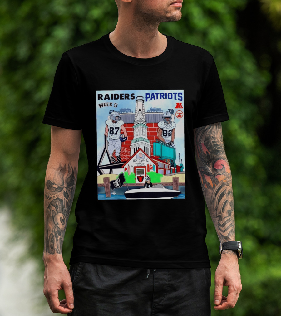 Raiders Patriots Week 5 Gillette Stadium Raidah's Lobstah Shack Football T-Shirt