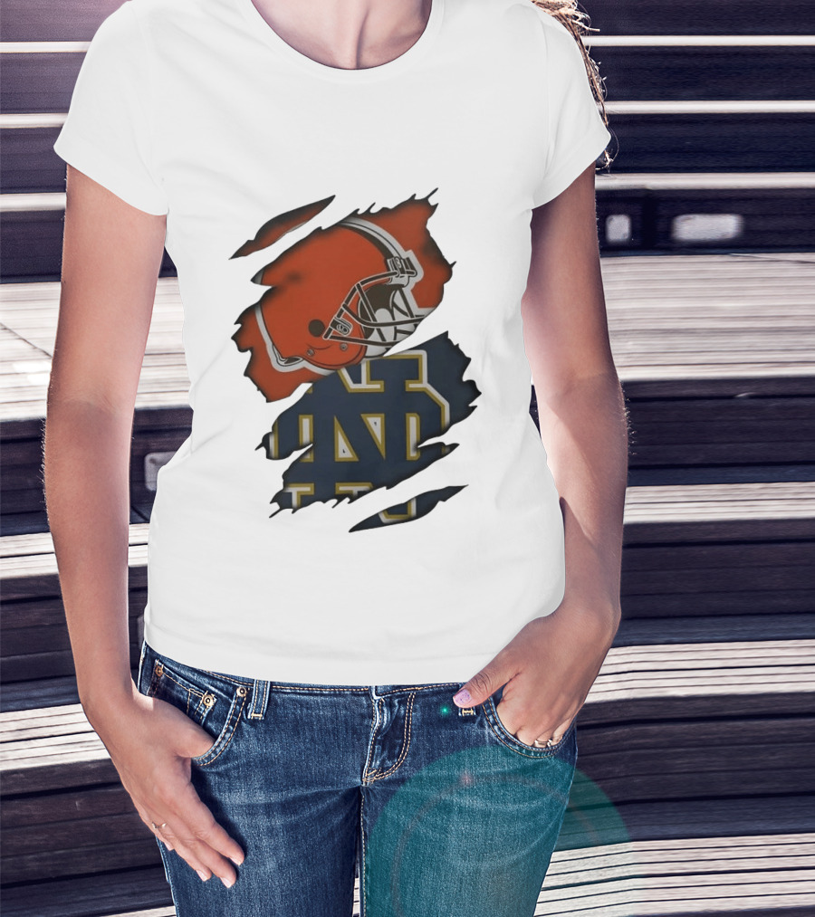 Cleveland Browns Notre Dame Fighting Irish Ripped Helmet ND T-Shirt
