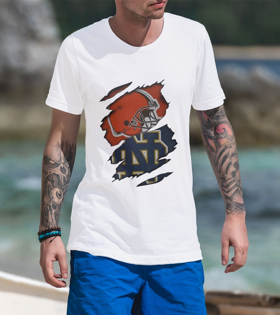 Cleveland Browns Notre Dame Fighting Irish Ripped Helmet ND T-Shirt