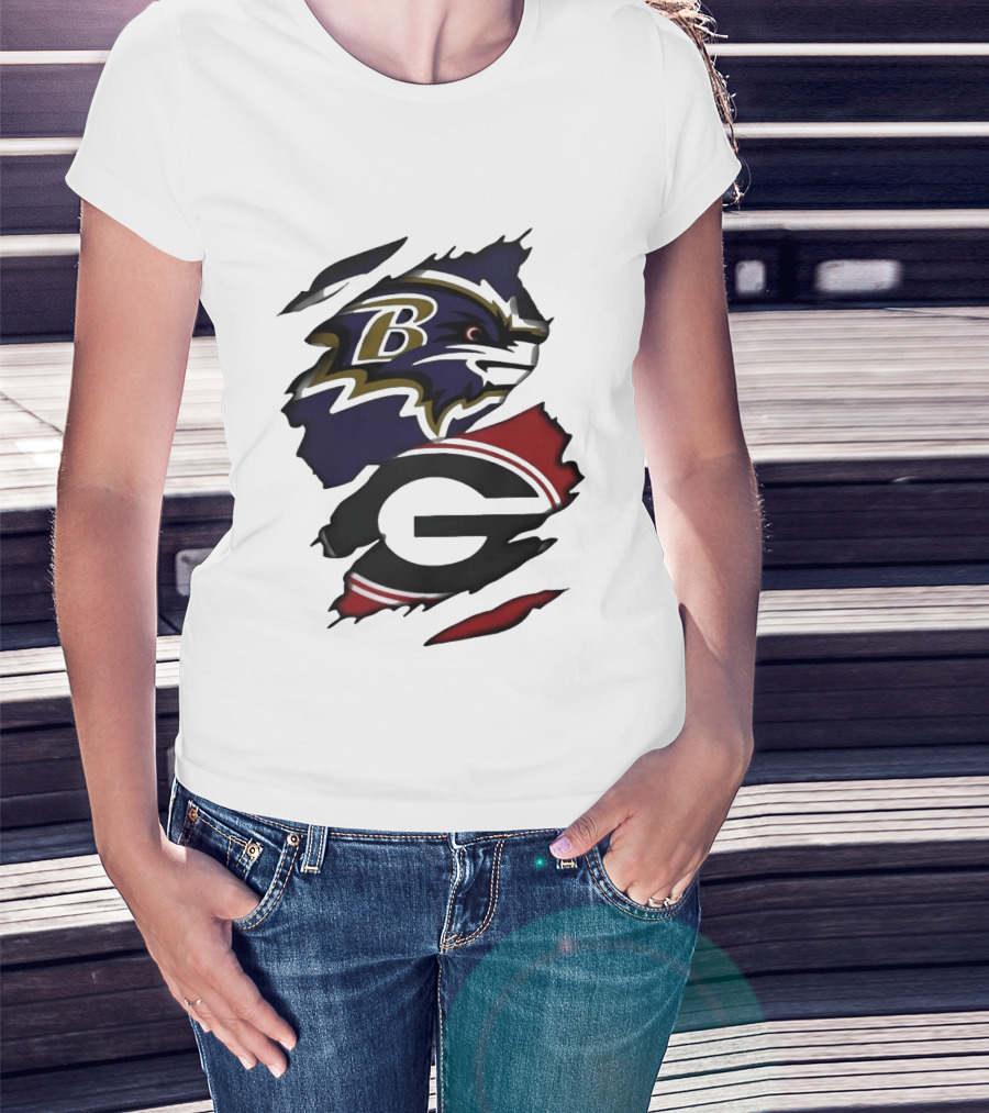 Baltimore Ravens Georgia Bulldogs Split Ripped Fabric T-Shirt