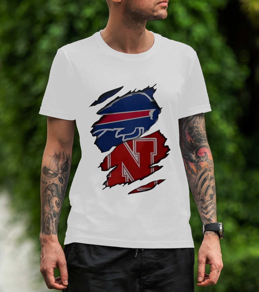 Buffalo Bills Nebraska Cornhuskers Ripped Effect Football Logos T-Shirt