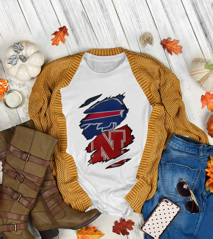 Buffalo Bills Nebraska Cornhuskers Ripped Effect Football Logos T-Shirt