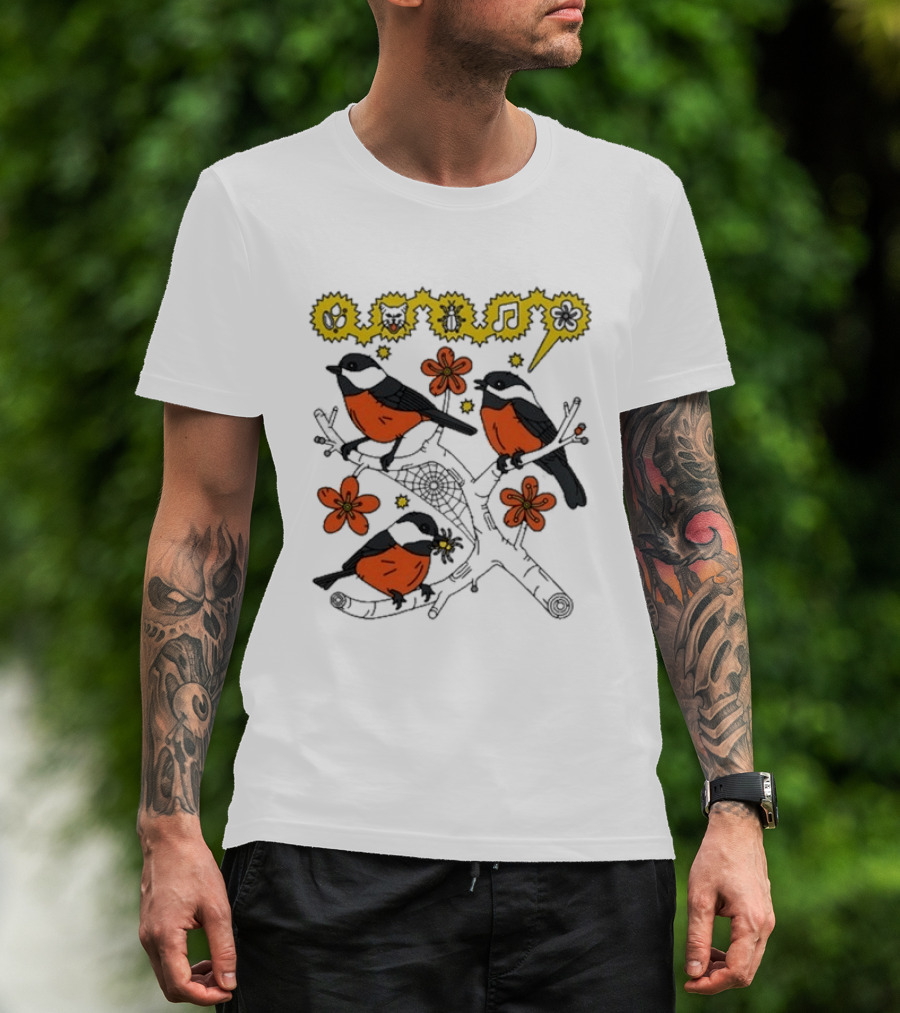 Chickadee Birds With Flowers And Music Notes T-Shirt
