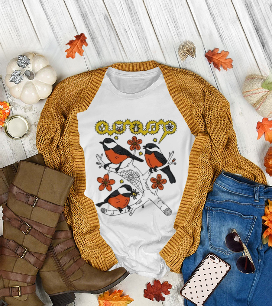 Chickadee Birds With Flowers And Music Notes T-Shirt