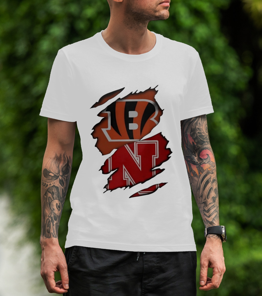 Cincinnati Bengals Nebraska Cornhuskers Combined Logos Ripped Fan Pride T-Shirt