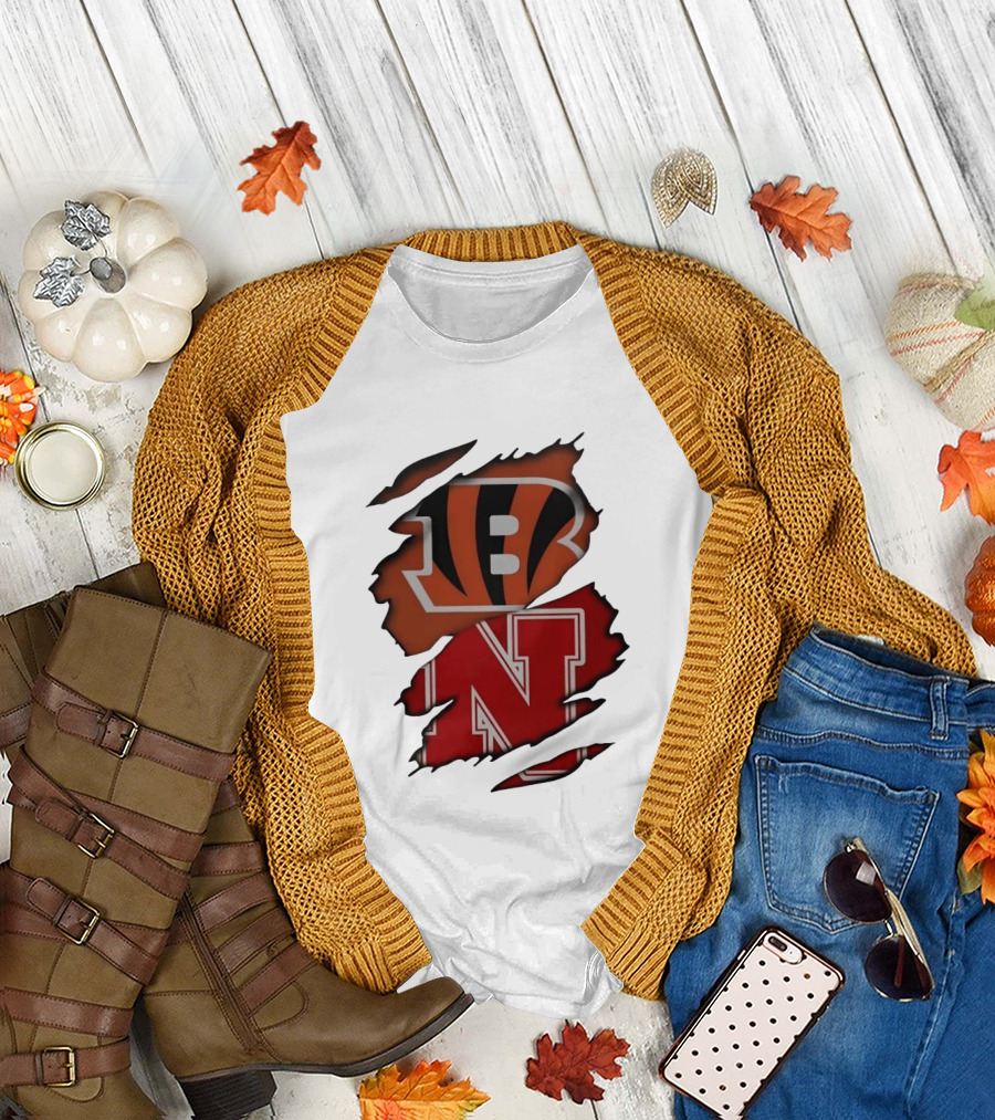Cincinnati Bengals Nebraska Cornhuskers Combined Logos Ripped Fan Pride T-Shirt