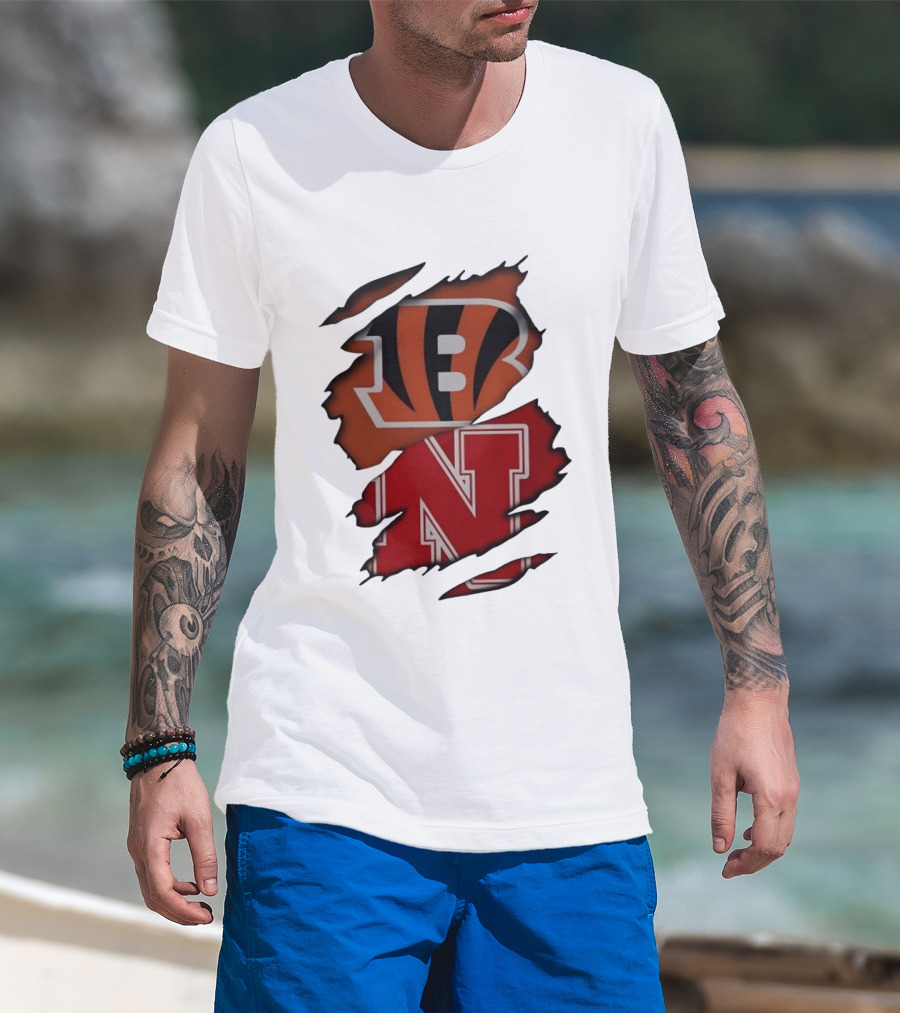 Cincinnati Bengals Nebraska Cornhuskers Combined Logos Ripped Fan Pride T-Shirt