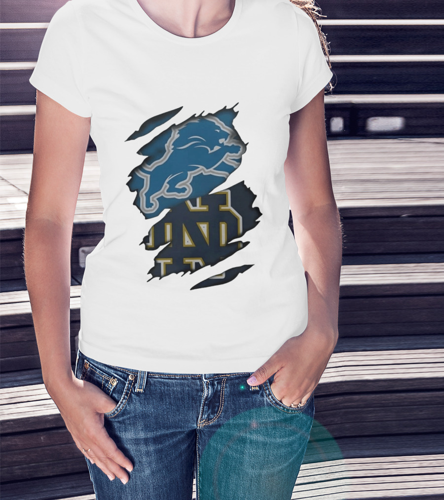 Detroit Lions Notre Dame Fighting Irish Distressed Logo Combination T-Shirt