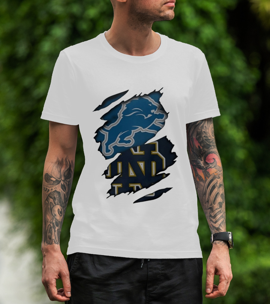 Detroit Lions Notre Dame Fighting Irish Distressed Logo Combination T-Shirt