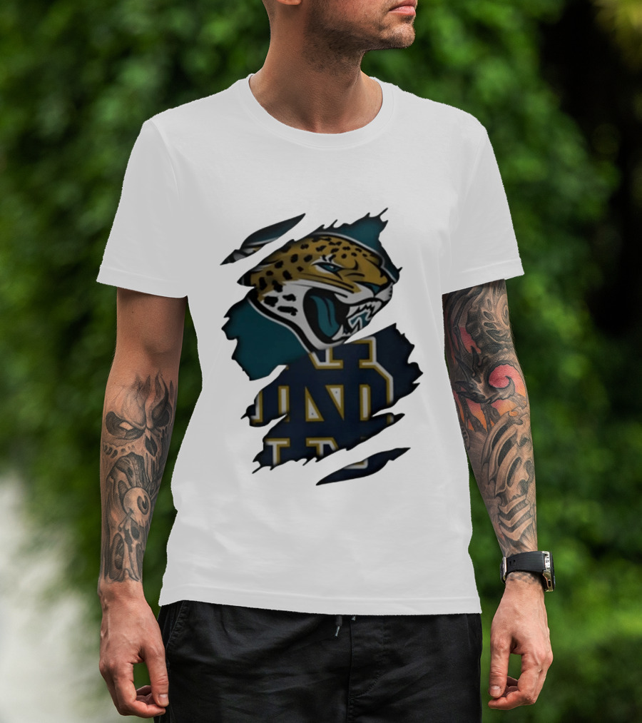 Jacksonville Jaguars Notre Dame Fighting Irish Distressed Crossover Fan T-Shirt