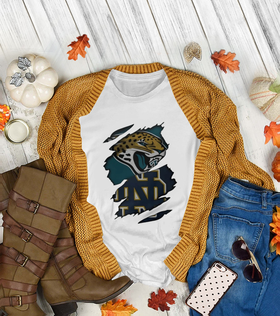 Jacksonville Jaguars Notre Dame Fighting Irish Distressed Crossover Fan T-Shirt