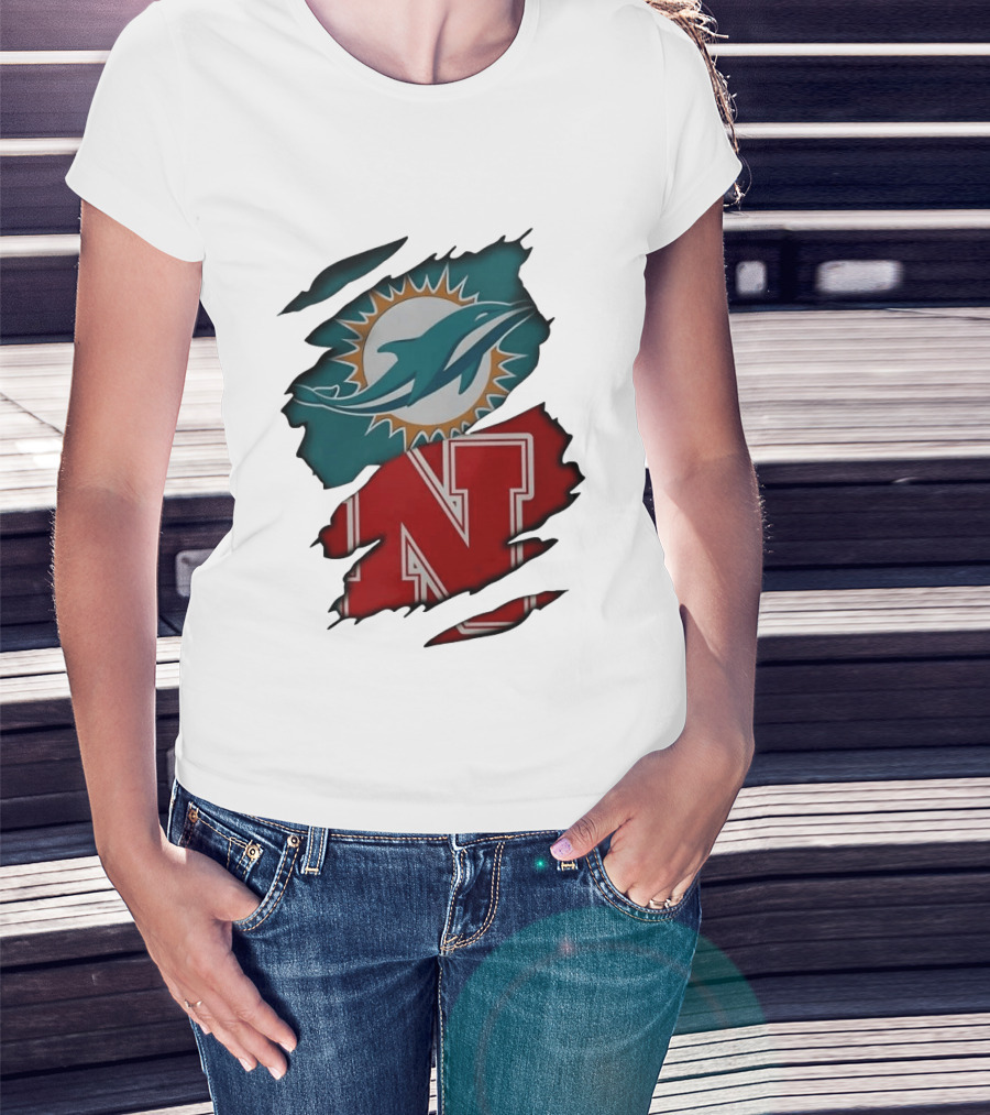 Miami Dolphins Nebraska Cornhuskers Ripped Skin Effect Football Team Fan T-Shirt