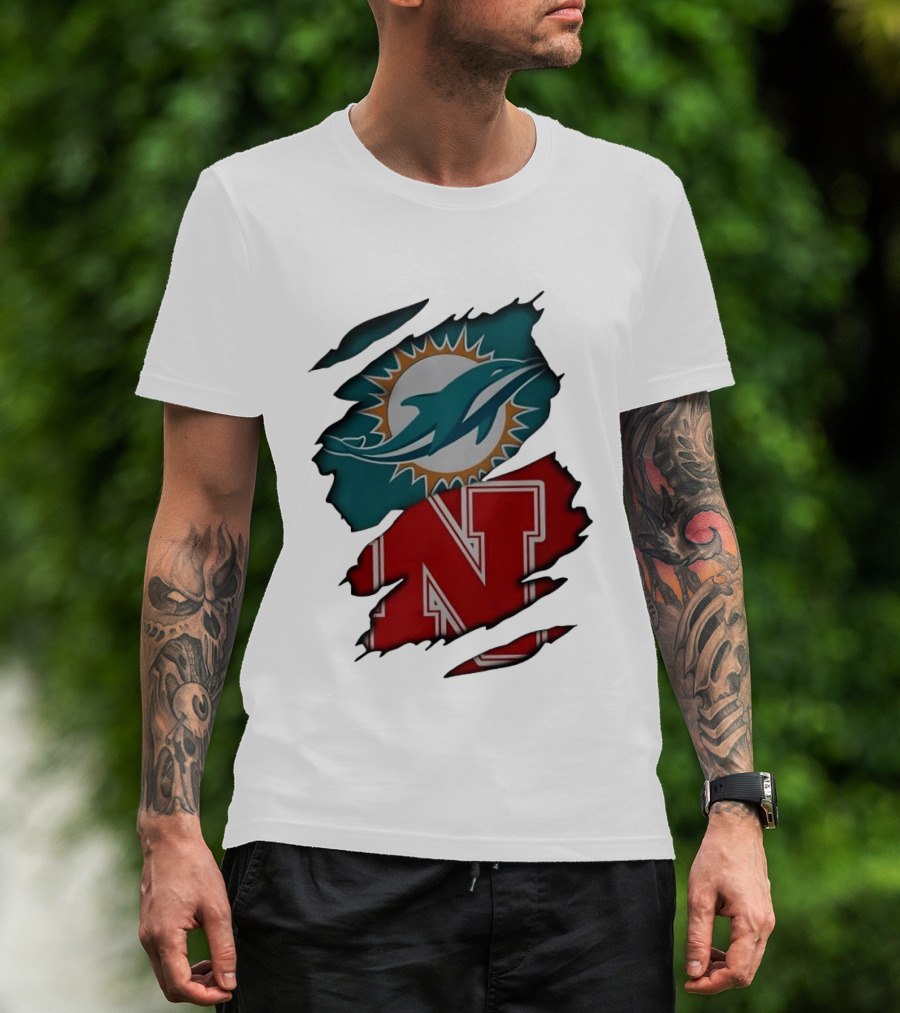 Miami Dolphins Nebraska Cornhuskers Ripped Skin Effect Football Team Fan T-Shirt