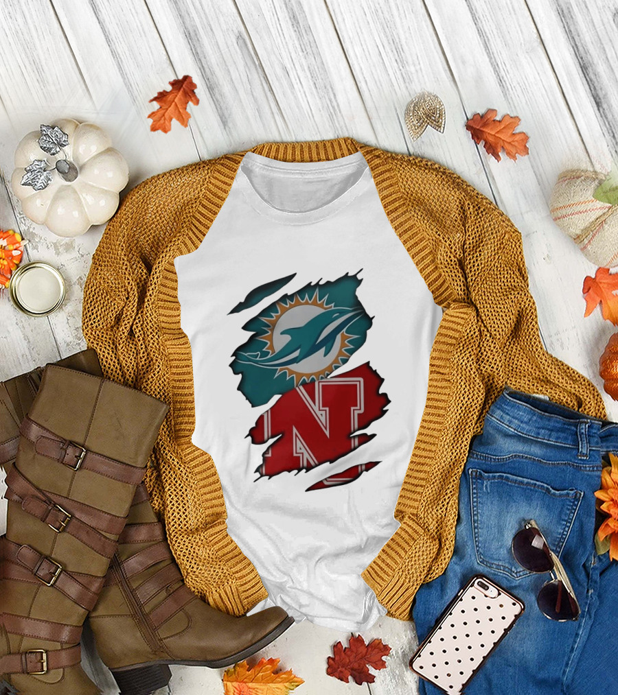 Miami Dolphins Nebraska Cornhuskers Ripped Skin Effect Football Team Fan T-Shirt
