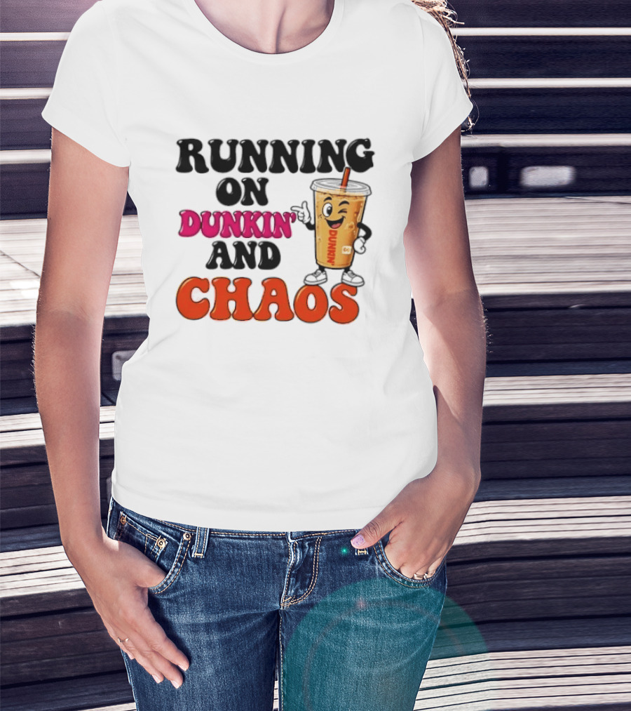 Running On Dunkin' And Chaos Coffee Winking Iced Drink T-Shirt