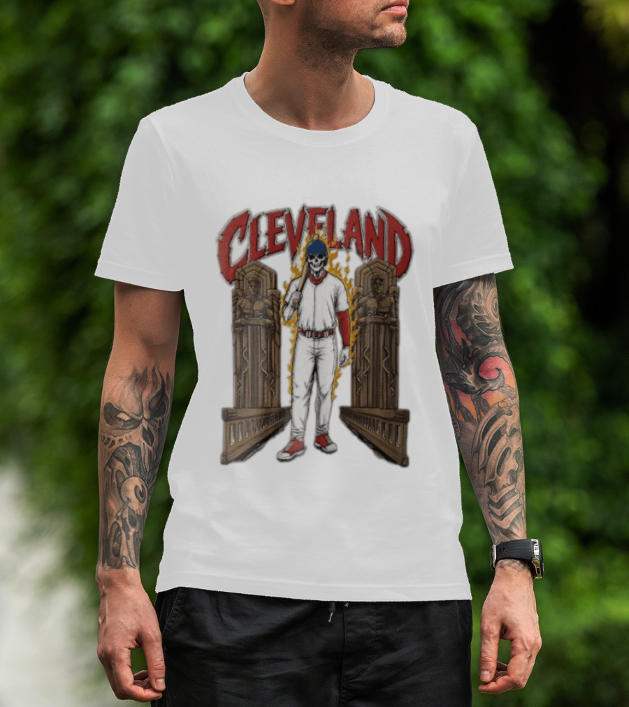 Cleveland Guardians Skeleton Baseball Player Flaming Statue T-Shirt