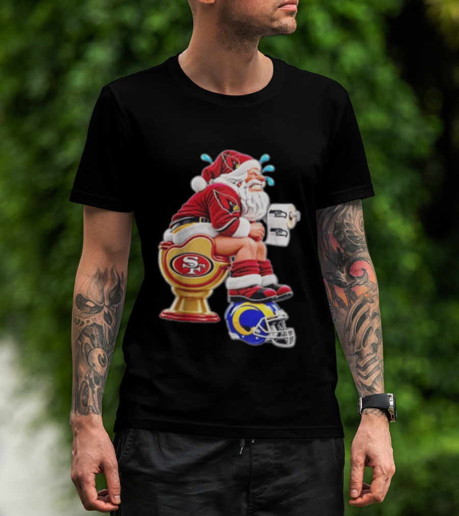 Santa Claus Sitting On San Francisco 49ers Toilet With Seattle Seahawks And Los Angeles Rams T-Shirt
