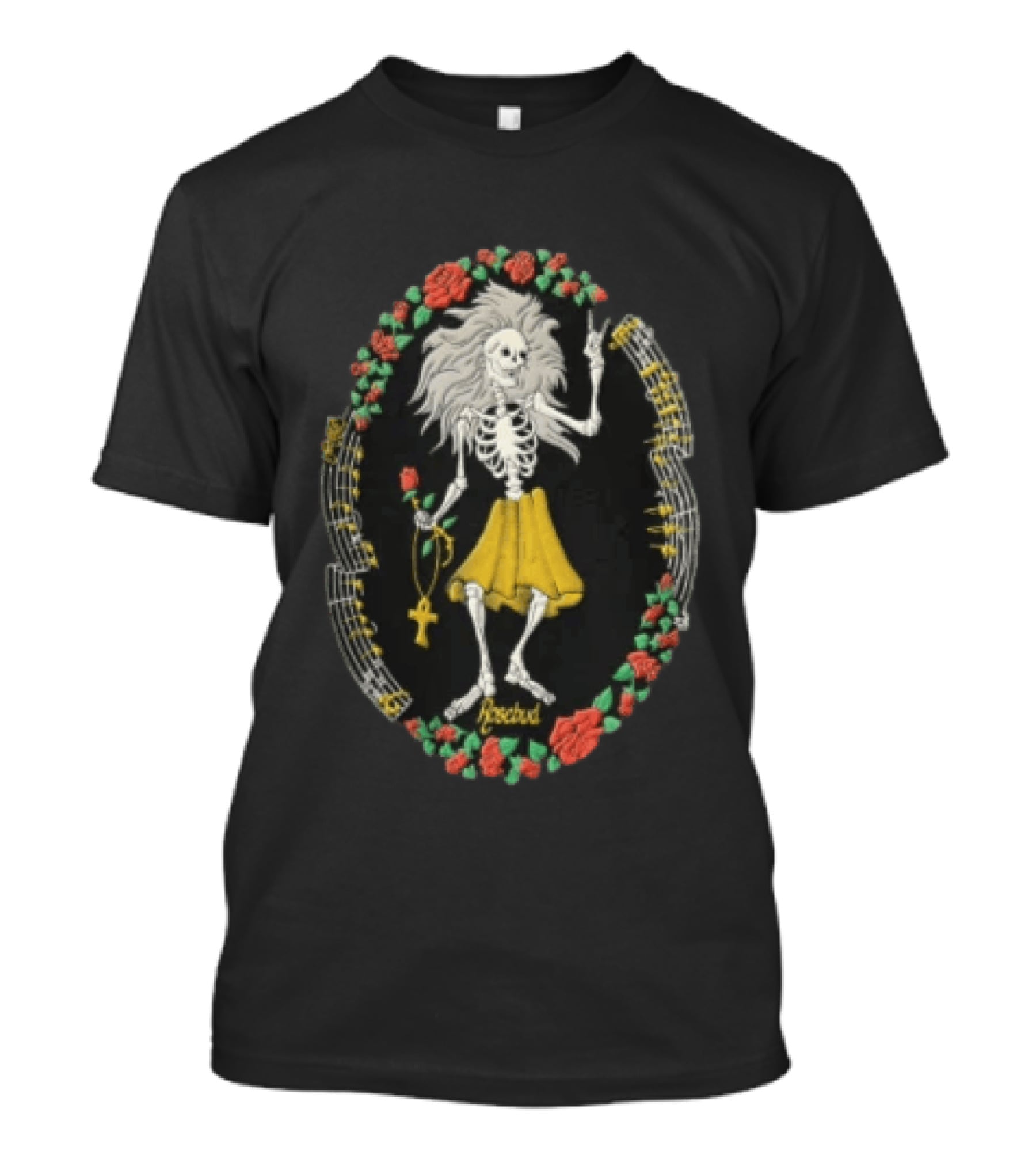 Peaceful Skeleton With Long Hair Yellow Skirt Roses And Ankh T-Shirt