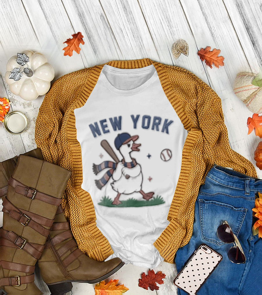 New York Goose Wearing Hat Scarf Baseball Bat And Ball T-Shirt