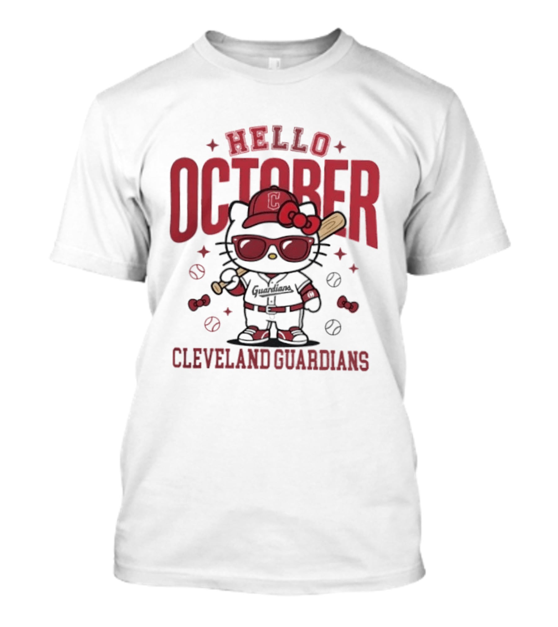 Hello Kitty Cleveland Guardians Hello October Baseball Player Cartoon T-Shirt
