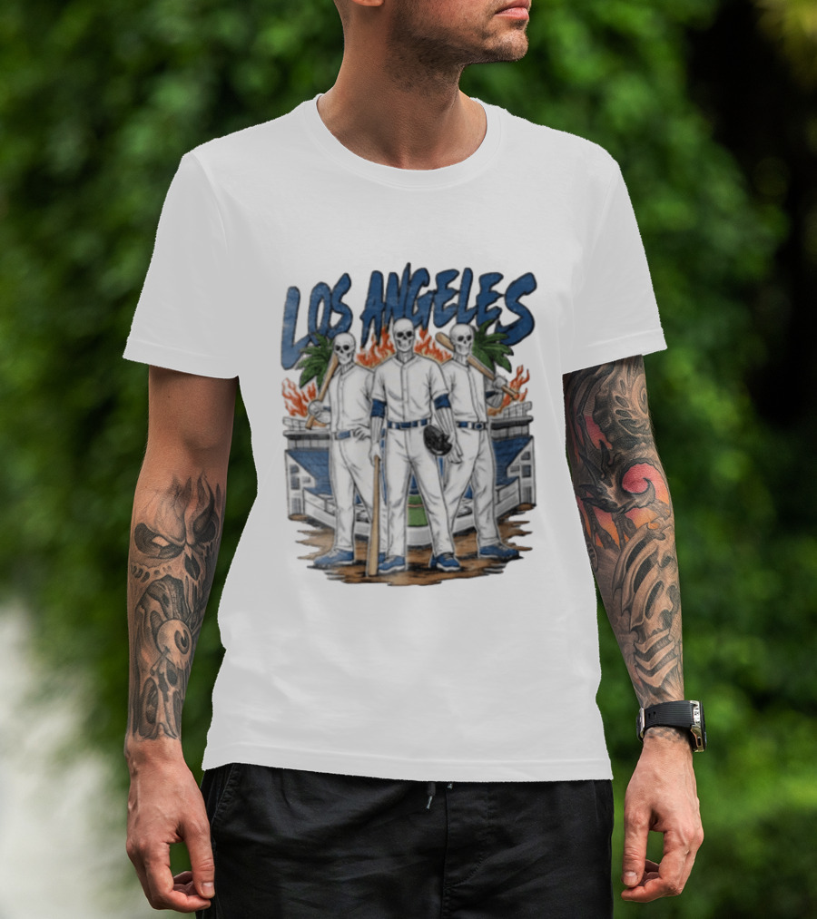 Los Angeles Skeleton Baseball Players Stadium Flames Palms T-Shirt