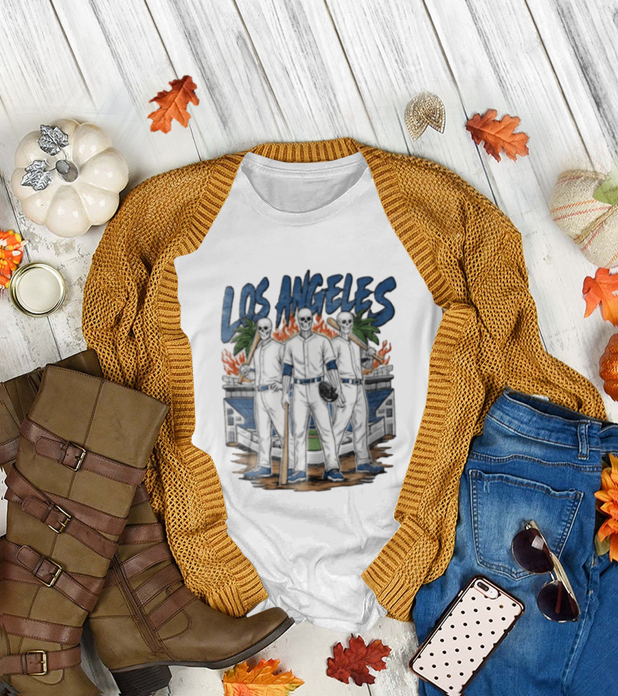 Los Angeles Skeleton Baseball Players Stadium Flames Palms T-Shirt