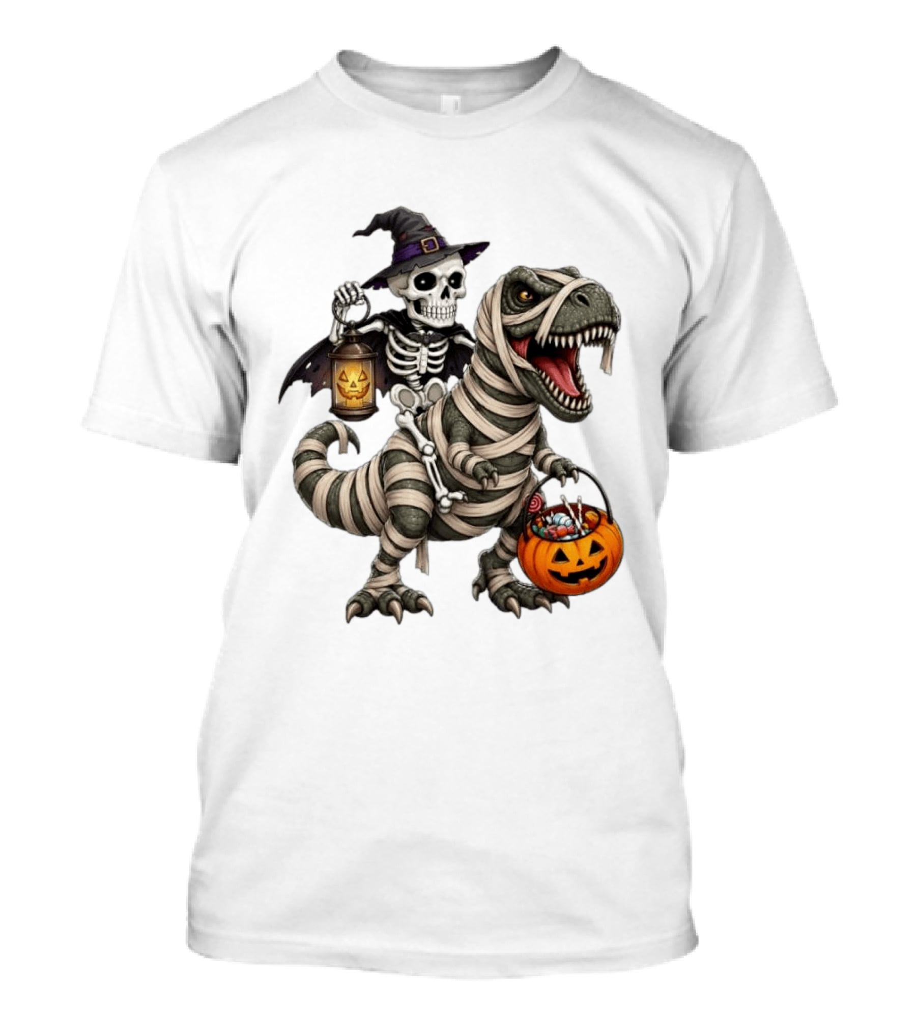 Halloween Skeleton Witch On Mummy Rex With Pumpkin Candy Bucket T-Shirt