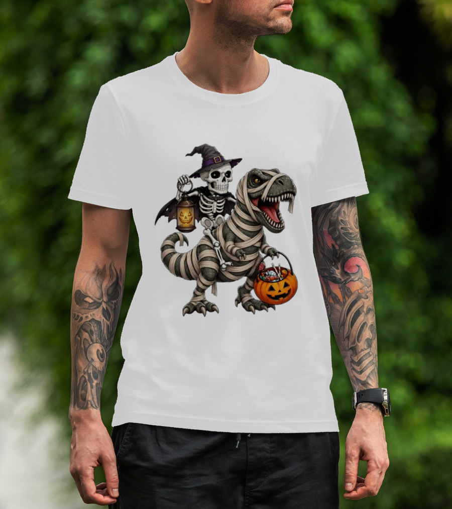 Halloween Skeleton Witch On Mummy Rex With Pumpkin Candy Bucket T-Shirt