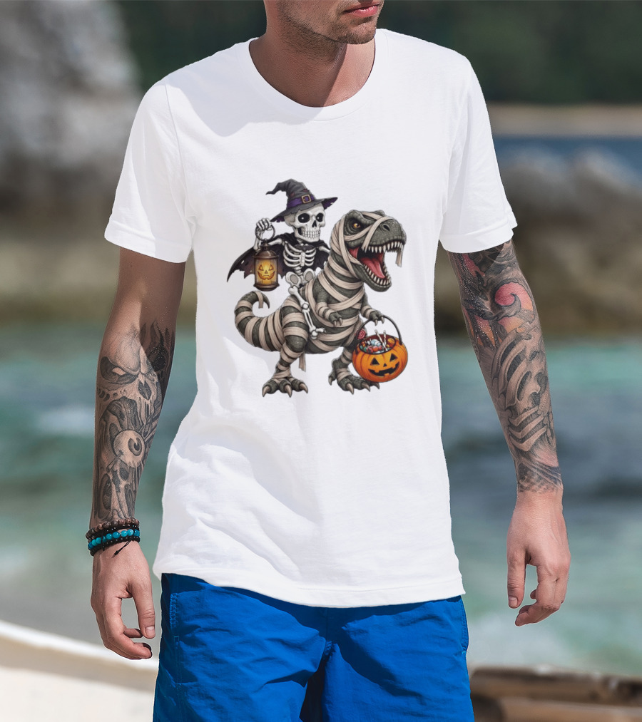 Halloween Skeleton Witch On Mummy Rex With Pumpkin Candy Bucket T-Shirt