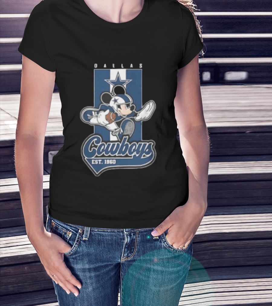 Dallas Cowboys Mickey Mouse Football 1960 Est Blue And White Star T-Shirt