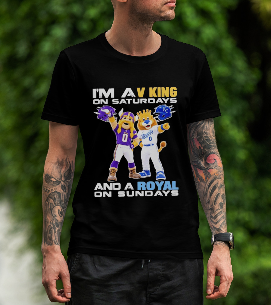 I'm A V King On Saturdays And A Royal On Sundays With Mascots Vikings And Royals Helmets T-Shirt