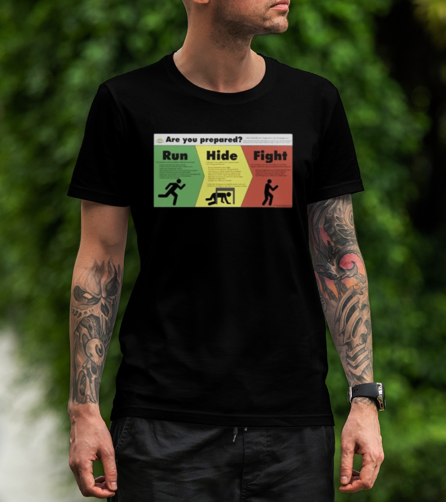 Grimykids Store Survival Guide Run Hide Fight Are You Prepared Emergency Strategy T-Shirt