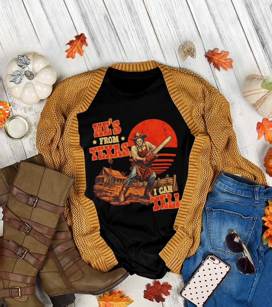 He's From Texas I Can Tell Western Chainsaw Halloween Retro Cowboy Horror Scene T-Shirt